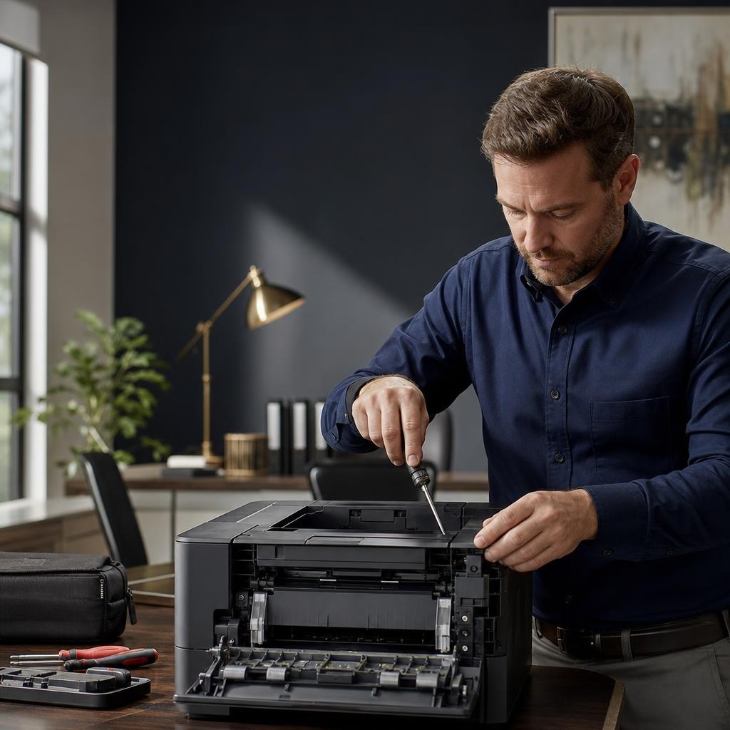 Professional technician repairing a laser printer on-site